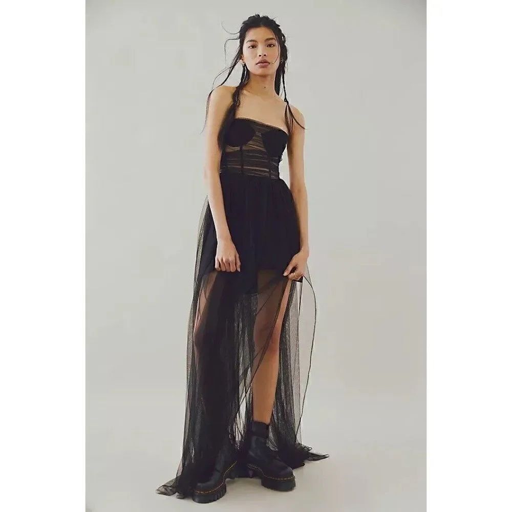 NWT FREE PEOPLE X SAU LEE BELLA GOWN SHEER TULLE BUSTIER MAXI DRESS BLACK